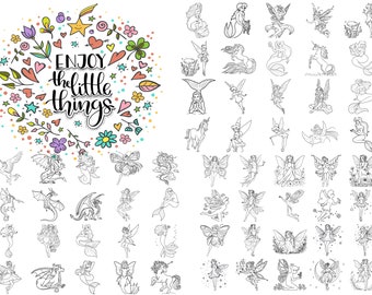 200 Designs Fairy Fine Line Tattoos,  Clip Art, Stencils, Doodles, PNG, SVG, JPG,