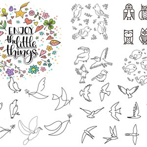 10 Sheets of Small Bird Tattoos, Fine Line Tattoo, Stencil Artwork, Doodle Art, PNG, SVG, JPG, Small Tattoos, Line Art Clipart, 200 Designs