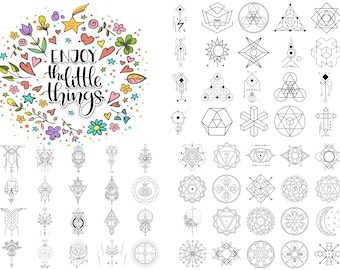 Geometriska Clipart-tatueringar, fina linjer, 200 designer, schabloner, klotter PNG, SVG, JPG