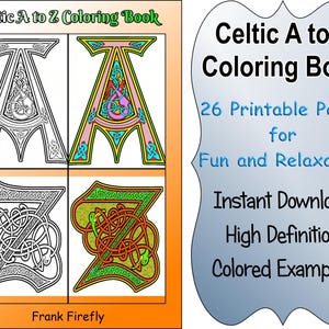 Libro para colorear celta de la A a la Z con arte mural a todo color, descarga digital instantánea, páginas para colorear con letras celtas ABC, páginas para colorear del alfabeto para adultos