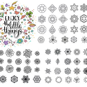 May include: Black and white line art illustrations of various flowers, stars, and geometric shapes. The text "Enjoy the little things" is written in a circle surrounded by flowers and hearts.