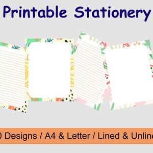 May include: Printable Stationery with ten designs. The image shows four stationery sheets with floral and abstract patterns in green, yellow, pink, and black. The stationery includes lined and unlined options, in A4 and Letter sizes.