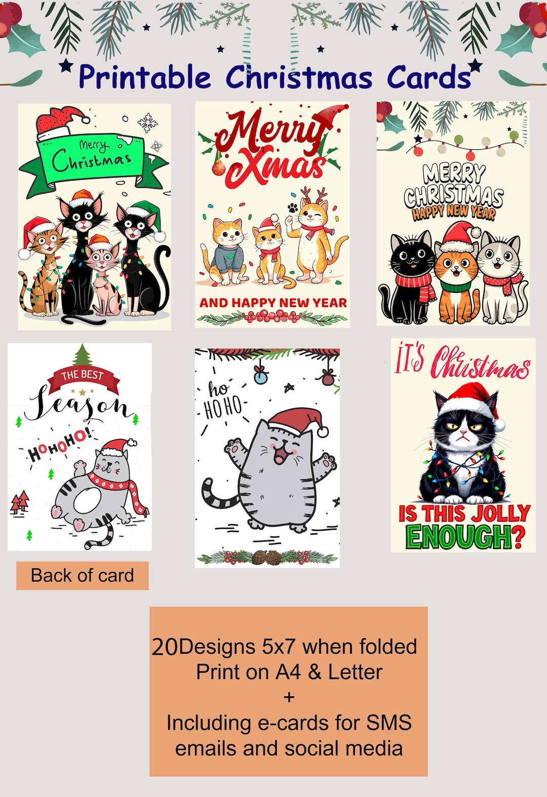 20 Funny Cat Christmas Cards. Printable Xmas Cards for Instant Download ...