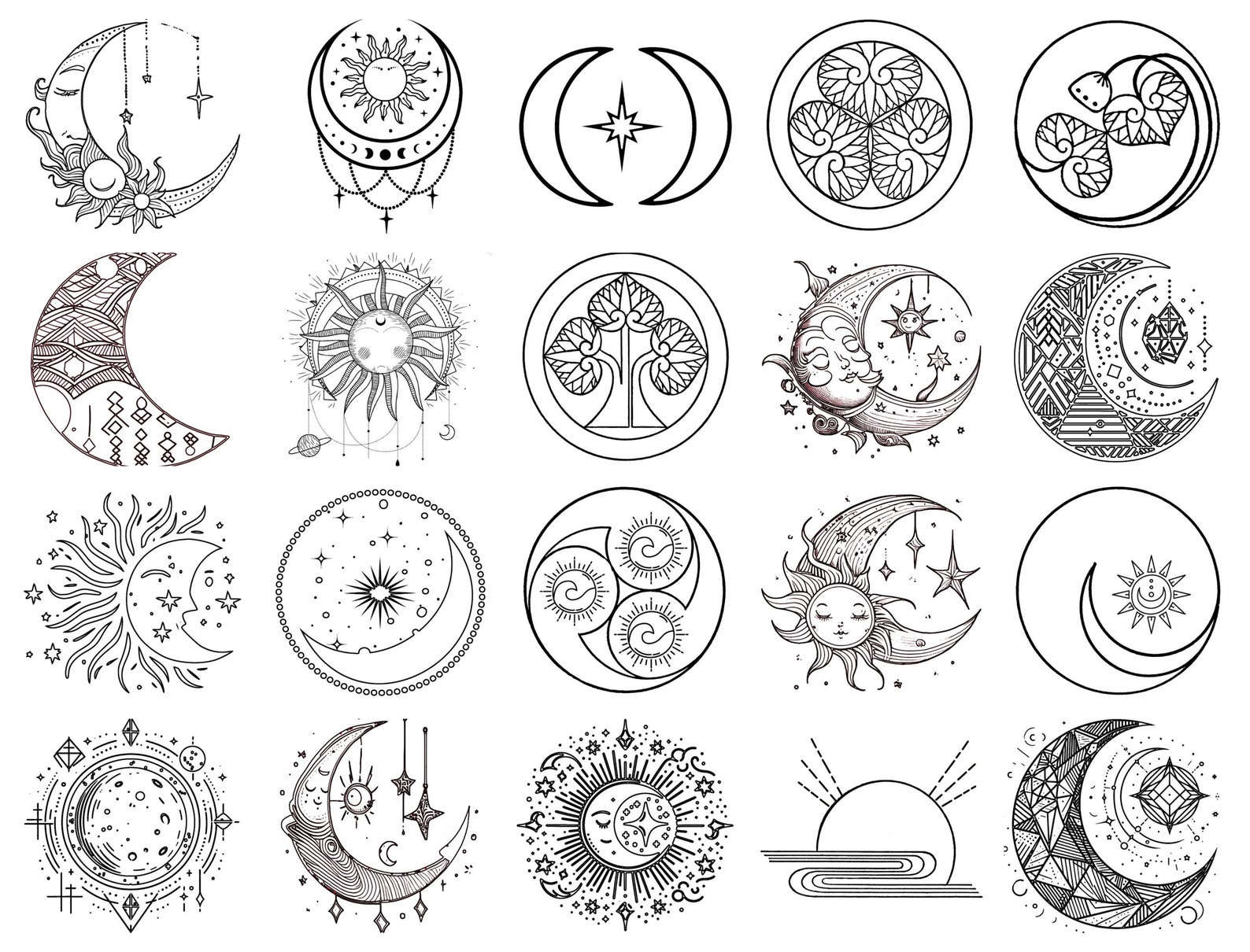 10 Sheets, Minimal Sun Moon Tattoos, Fine Line Tattoo, Stencil Arts ...