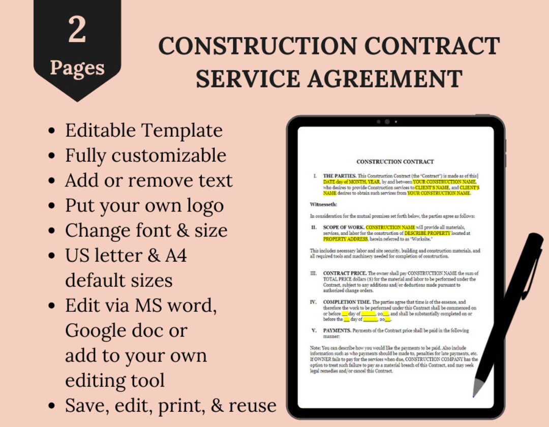 Editable Construction Contract Template - Etsy Canada