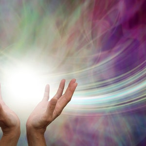 May include: Two hands reaching up towards a bright white light, surrounded by a swirling background of purple, green, and blue.