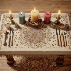 Puede incluir: Un mantel blanco con un diseño circular marrón y dorado en el centro. Hay cinco velas, cuatro candelabros y un cuenco de piedras en el centro de la mesa. También hay cuatro cubiertos de plata y una pequeña caja de madera en la mesa.