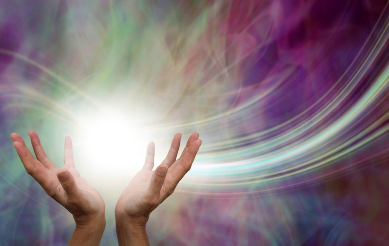 May include: Two hands reaching up towards a bright white light, surrounded by a swirling background of purple, green, and blue.