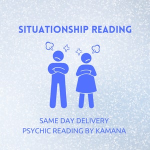 Könnte beinhalten: Blaues Grafikdesign mit dem Text "SITUATIONSHIP READING" und "SAME DAY DELIVERY". Zwei blaue Figuren mit verschränkten Armen und wütenden Ausdrücken sind dargestellt. Der Text "PSYCHIC READING BY KAMANA" ist ebenfalls enthalten.