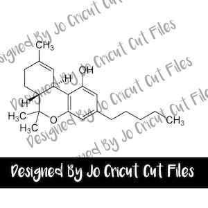 May include: A black and white line drawing of a chemical compound with the text "Designed By Jo Cricut Cut Files" repeated throughout the image.