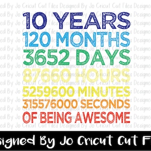 May include: A colorful graphic design with the text "10 YEARS 120 MONTHS 3652 DAYS 8760 HOURS 5259600 MINUTES 315576000 SECONDS OF BEING AWESOME". The text is in a rainbow color scheme with a distressed, hand-drawn look.
