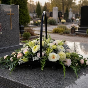 Puede incluir: Una cesta de metal negro con un asa alta arqueada, llena de un arreglo floral de rosas blancas y rosa pálido, crisantemos verde claro y varios helechos y follaje verde, descansando sobre una superficie de granito gris pulido.