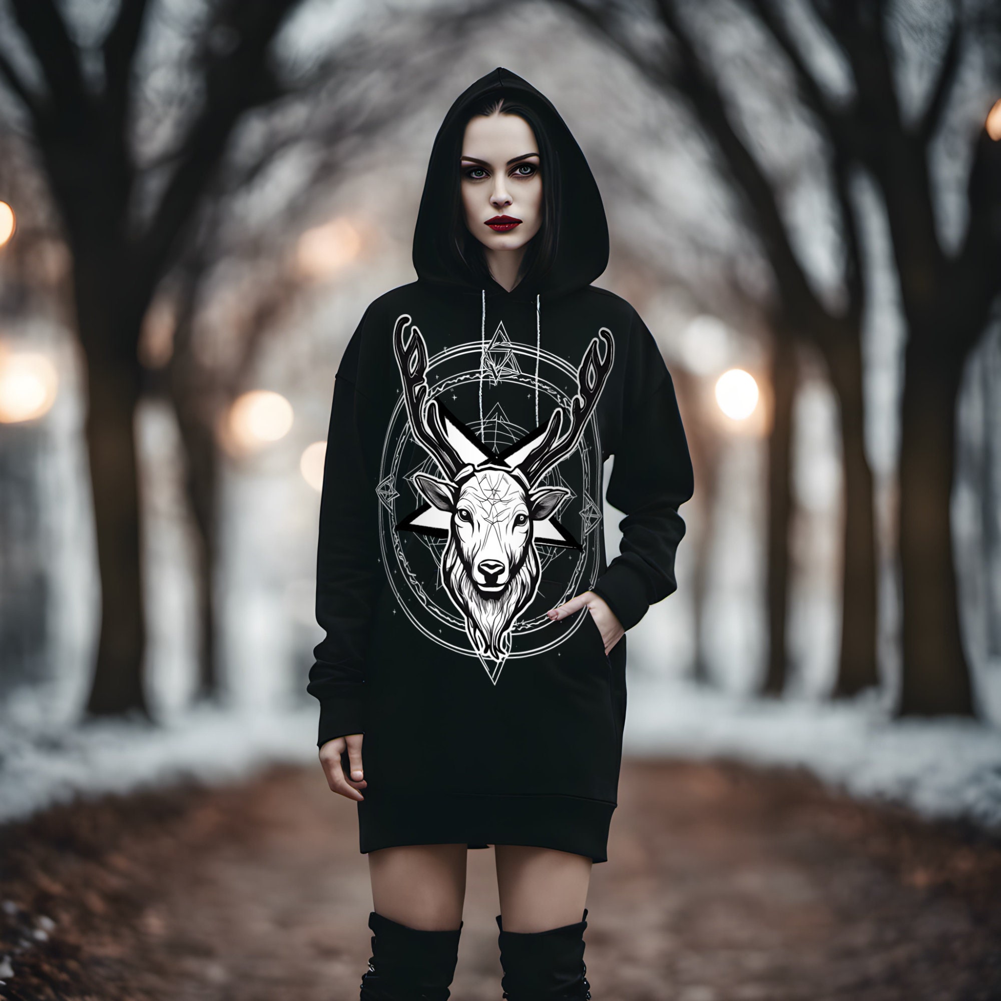 Rudolphomet - Polyester Gothic Christmas Pentacle Hoodie Dress