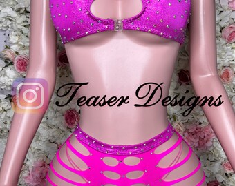 Barbie pink 3 pc fishnet lingerie caged scrunch butt short set with adjustable string thong and top