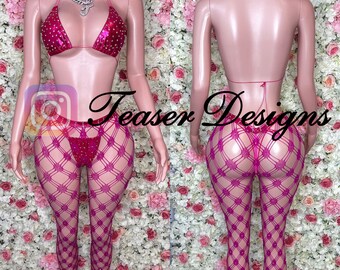 Exotic dancewear pink fishnet 3 pc pant set with micro top and matching adjustable thong