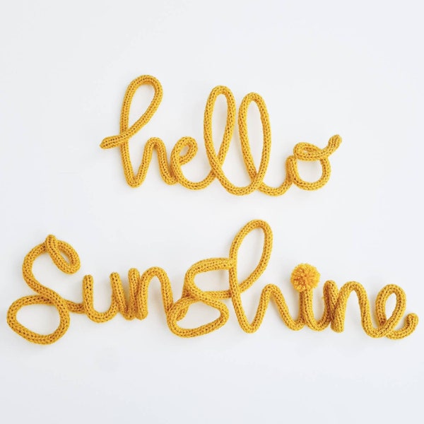 Hello Sunshine- Knitted Wire Word Sign. Sign Decor Cord Baby Gallery Wall Decor Baby Shower Christening Gift Naming, Art, Wire name knit