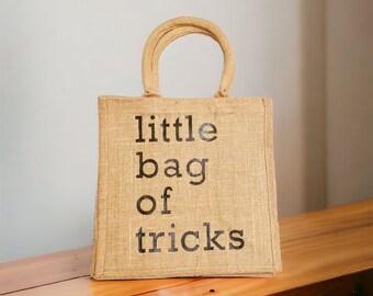 Little bag of tricks Tote Bag-Hessian Jute Burlap Tote Lunch Wine Gift Bags, Shopper, Shopping, Market, Reusable Ecofriendly Strong Sturdy