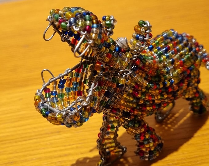 Beaded Hippo Figurine: Multicolored African Animal Sculpture