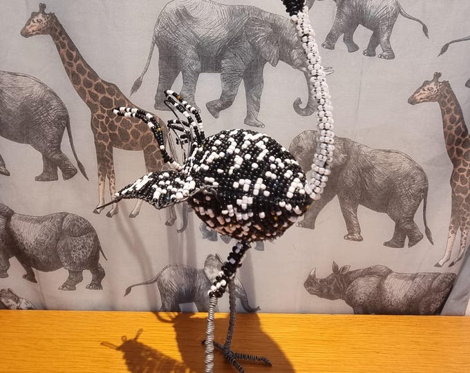 Handmade Beaded Ostrich Sculpture: African Wire Art, Ethical Decor