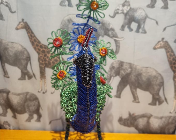 Floral Beaded Peacock Sculpture: Handmade Wire Art, Ethical African Decor