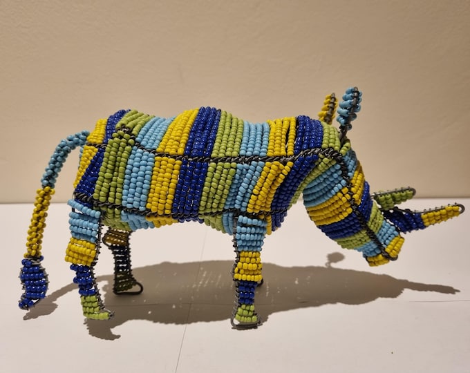 Handmade Beaded Colorful Rhino Figurine – African Wire & Glass Bead Animal Sculpture, Fair Trade Wildlife Home Decor