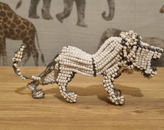 White Beaded Lion Sculpture: African Wire Art, Ethical Decor