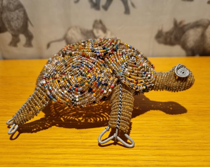 Handmade Beaded Tortoise Ornament – African Wire Animal Art – Ethical Safari Decor – Multicolour Turtle Sculpture