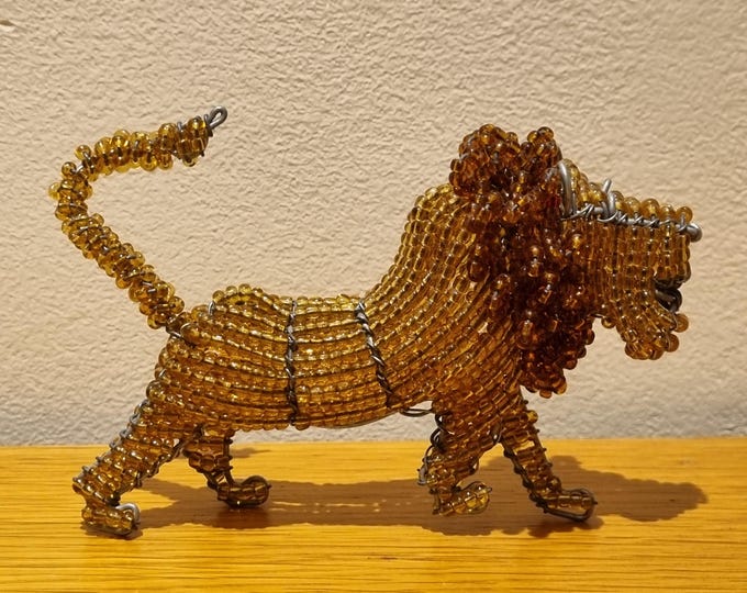 Handmade Beaded Lion Figurine: African Wire & Glass Bead Sculpture
