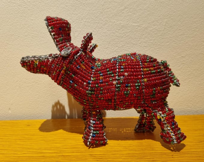 Beaded Hippo Figurine: African Wire & Glass Bead Sculpture, Fair Trade Decor