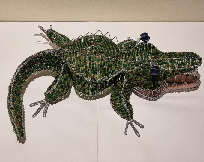 Handmade Beaded Crocodile Sculpture – African Wire Art, Wildlife Decor