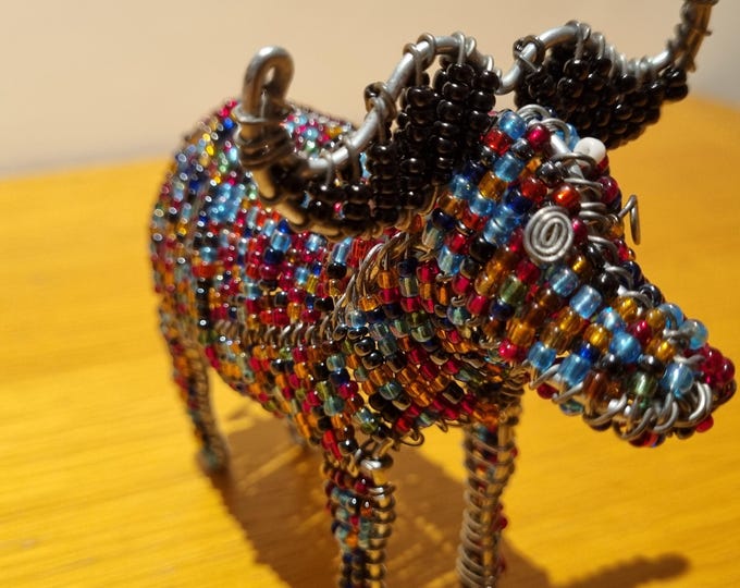 Handmade Beaded Buffalo Figurine: African Wire & Glass Bead Sculpture