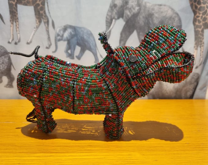 Handmade Beaded Hippo Sculpture: African Wire Art, Fair Trade Decor