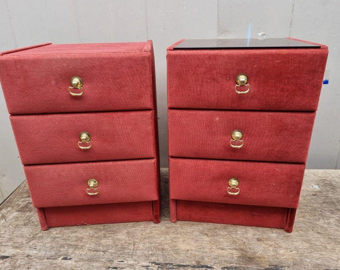 COLLECTION ONLY. Mid Century Vintage Pink Velvet Bedside Tables With Glass Tops Retro MCM
