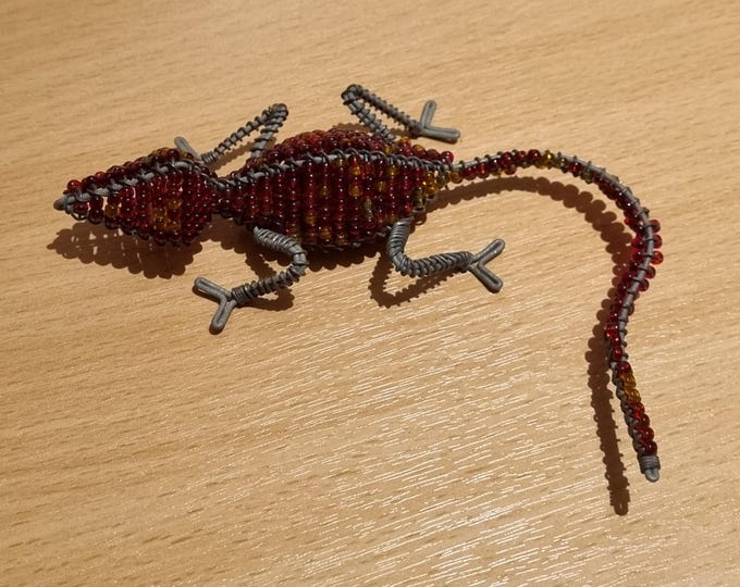 Beaded Gecko Figurine: Red & Amber Glass, African-Inspired Wire Art