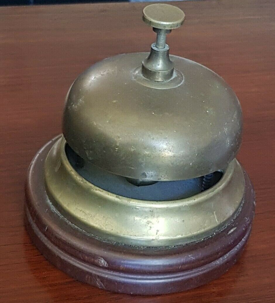 Vintage brass counter top reception service bell wooden base Etsy