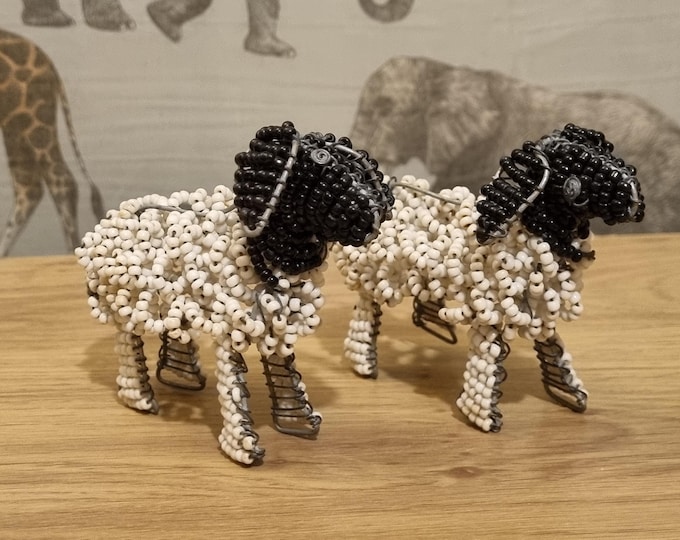 Handmade Beaded Sheep Pair: African Wire Art - Ethical Farmhouse Decor