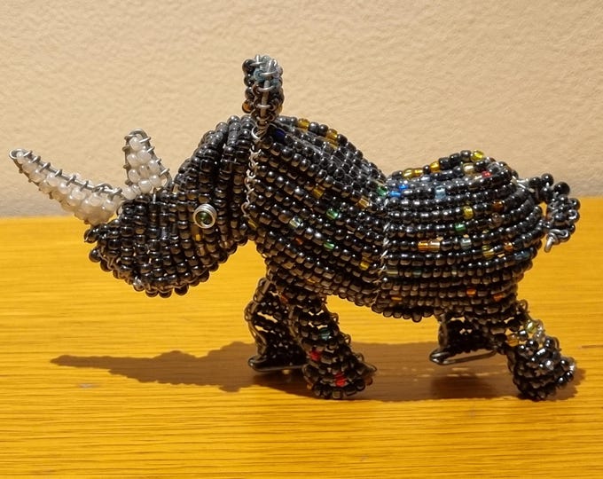 Handmade Beaded Rhino Figurine – African Wire & Glass Bead Animal Sculpture, Fair Trade Wildlife Home Decor