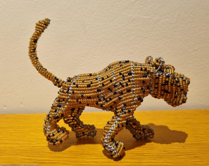 Handmade Beaded Leopard Figurine: African Wire & Glass Bead Sculpture