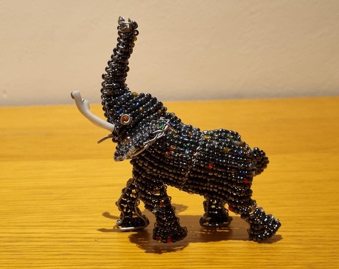 Beaded Elephant Figurine: Handmade African Wire & Glass Bead Sculpture