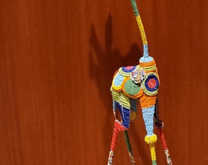 Extra Large Beaded Giraffe Sculpture: Handmade African Wire Art, Blue Horns (103.5cm)