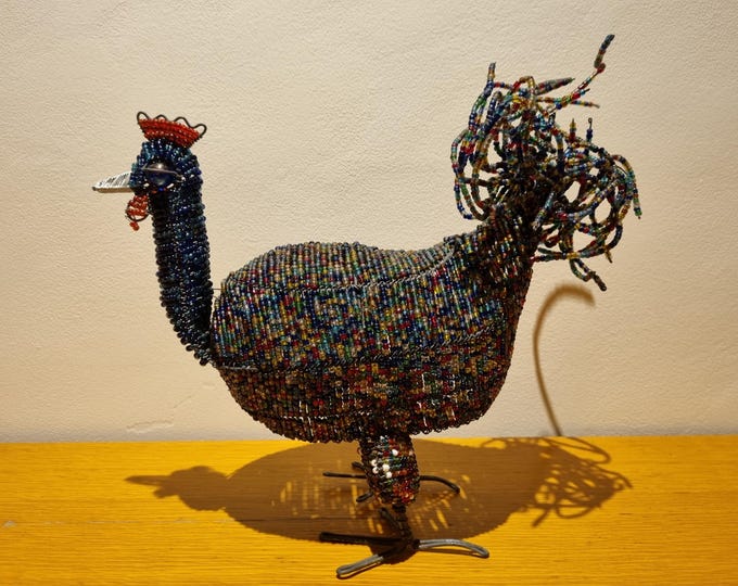 Beaded Rooster Sculpture: Handmade Wire & Glass Bead African Folk Art