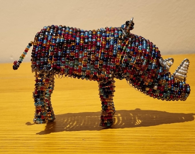 Handmade Beaded Rhino Figurine – African Wire & Glass Bead Animal Sculpture, Fair Trade Wildlife Home Decor