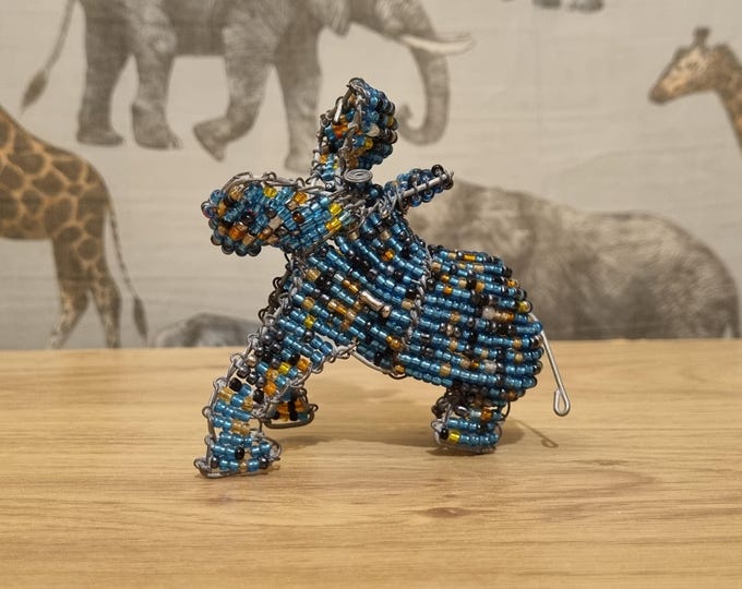 Handmade Beaded Hippo Sculpture: South African Wire Art Figurine