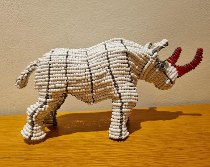 Handmade Beaded Rhino Figurine – African Wire & Glass Bead Animal Sculpture, Fair Trade Wildlife Home Decor