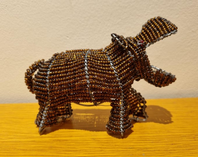 Beaded Hippo Figurine: African Wire & Glass Bead Sculpture