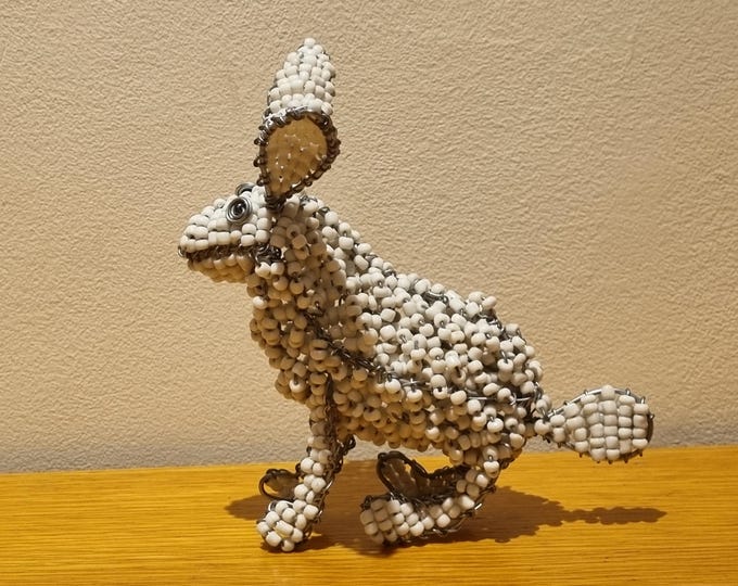 Beaded Bunny Figurine: African Wire & Glass Bead Sculpture, Fair Trade Decor