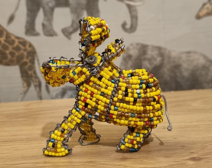 Handmade Beaded Hippo Sculpture: Yellow Wire Animal Figurine