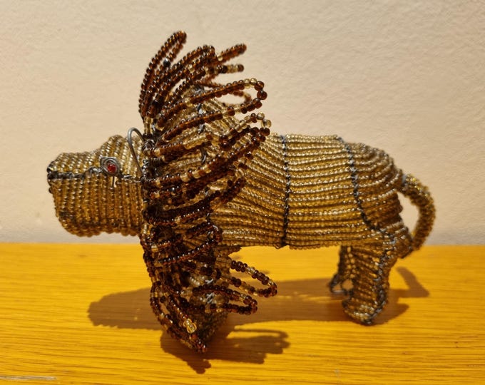 Handmade Beaded Lion Figurine: African Wire & Glass Bead Sculpture