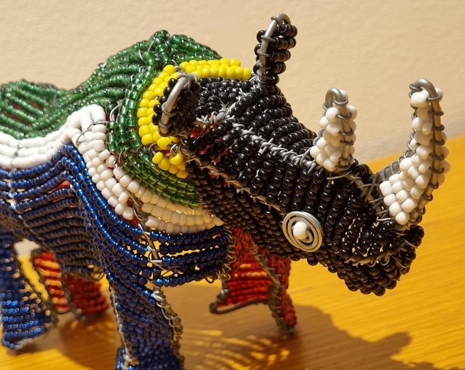 Handmade Beaded South African Flag Coloured Rhino Figurine – African Wire & Glass Bead Animal Sculpture, Fair Trade Wildlife Home Decor