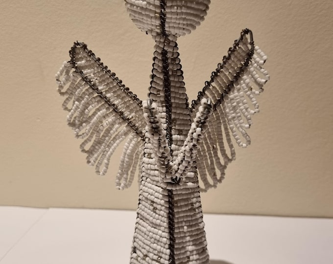 Handmade Beaded Angel Christmas Tree Topper – White & Silver Holiday Decoration